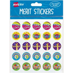 Avery Merit Stickers Caption 1 Round 22mm 5 Designs Assorted Colours 300 Stickers